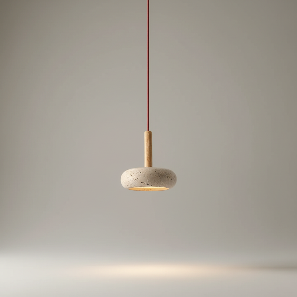 Lampa wisząca z drewna i organicznego żółtego kamienia przypominającego jaskinię