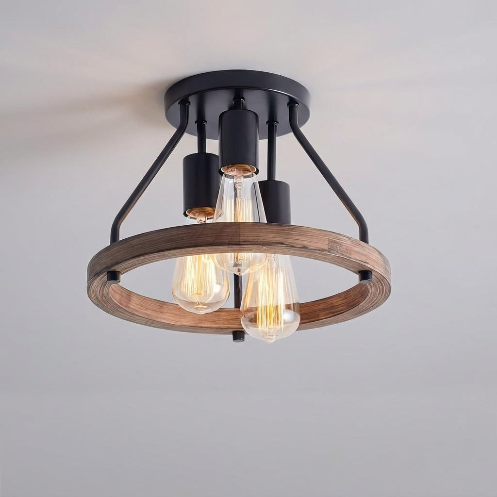 Rustykalna półprzylegająca lampa sufitowa z drewna i metalu