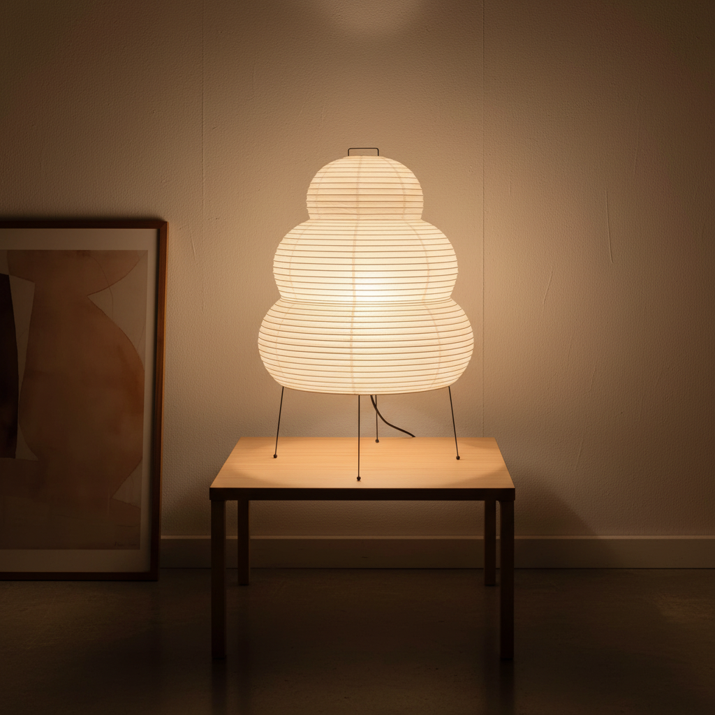 Metalowa lampa stołowa z papierowym kloszem z morwy inspirowanym japońskimi latarniami