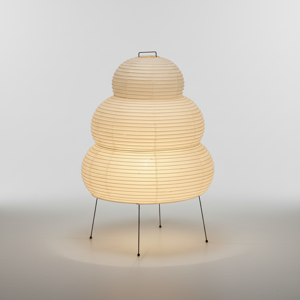 Metalowa lampa stołowa z papierowym kloszem z morwy inspirowanym japońskimi latarniami