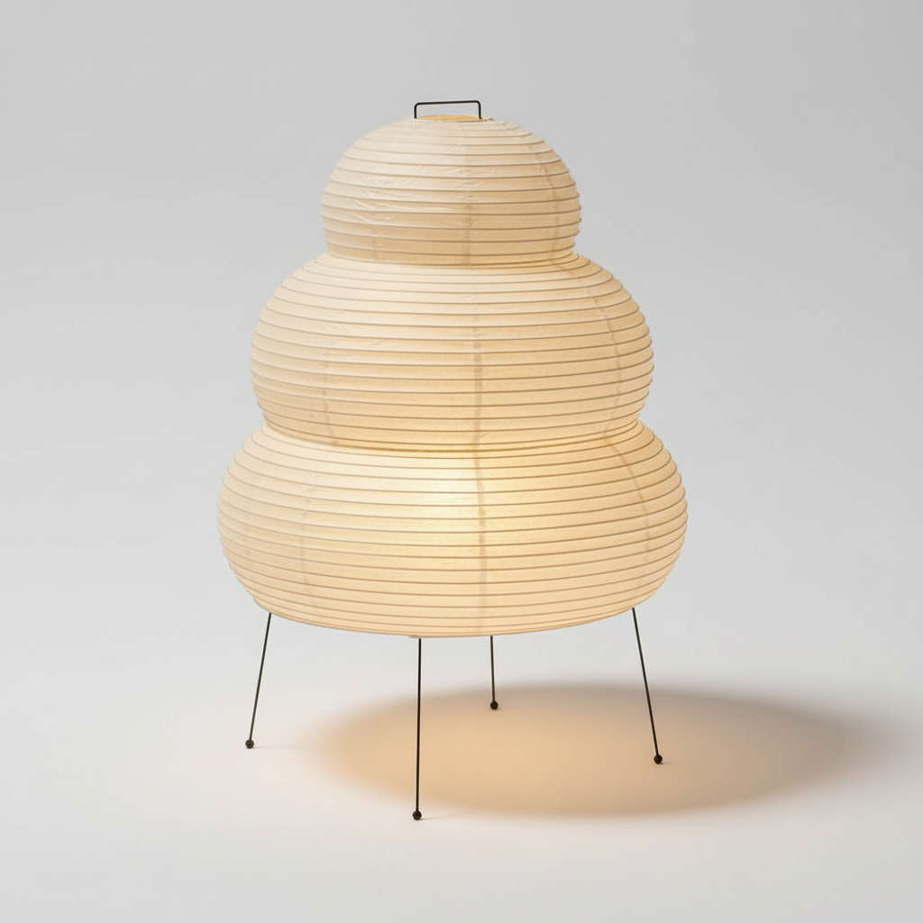 Metalowa lampa stołowa z papierowym kloszem z morwy inspirowanym japońskimi latarniami