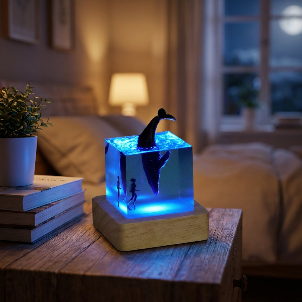 Lampa stołowa z żywiczną sztuką krajobrazową w formie sześcianu i drewnianą podstawą