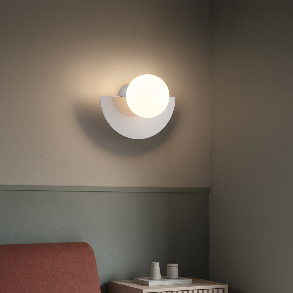 Minimalistyczna nastrojowa lampa ścienna z metalową obudową w kształcie półksiężyca