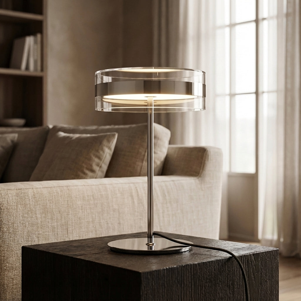 Elegancka cylindryczna lampa stołowa z przezroczystym kloszem i smukłym prętem
