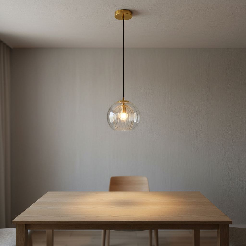 Kulista metalowa lampa wisząca z kloszem w kształcie kuli i regulacją wysokości