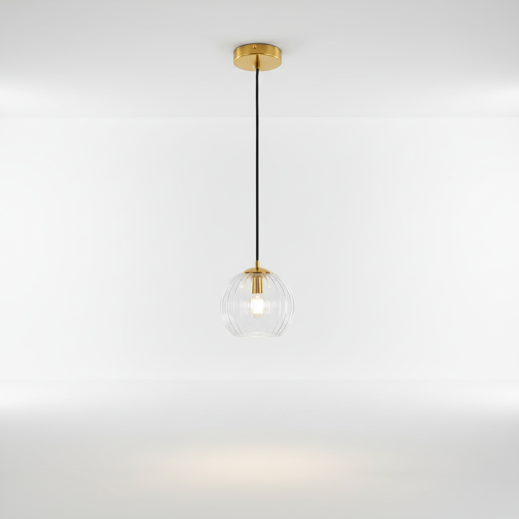 Kulista metalowa lampa wisząca z kloszem w kształcie kuli i regulacją wysokości