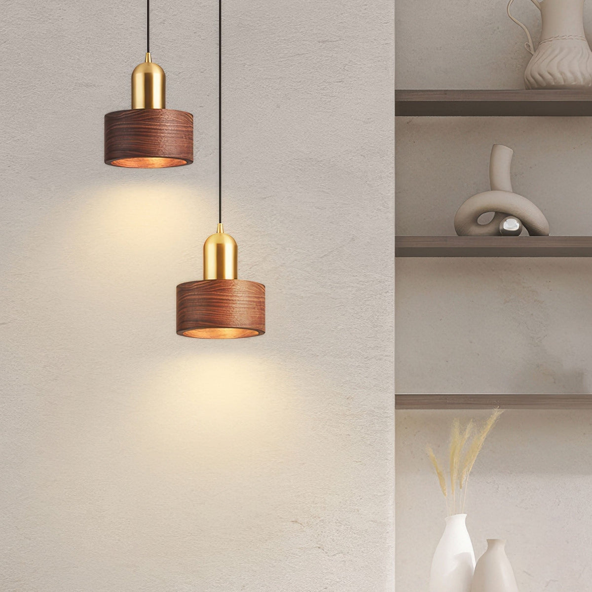 Cylindryczna japońska minimalistyczna wisząca lampa z orzecha i mosiądzu