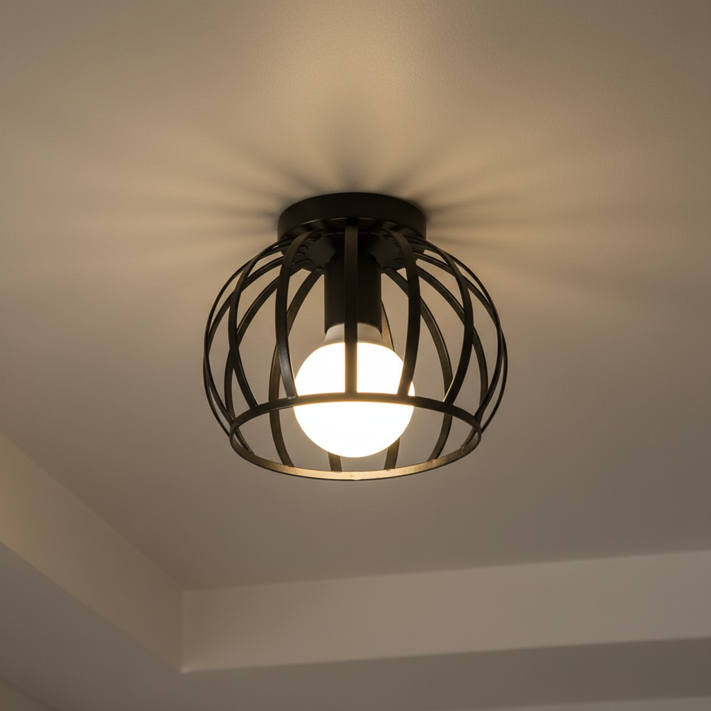 Industrialna kulista lampa wisząca z otwartą metalową klatką