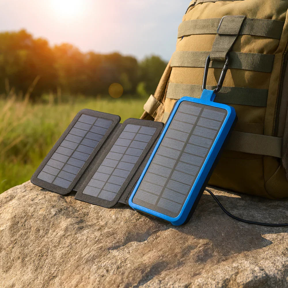 Wytrzymała przenośna ładowarka solarna z powerbankiem do użytku na zewnątrz i składanym panelem