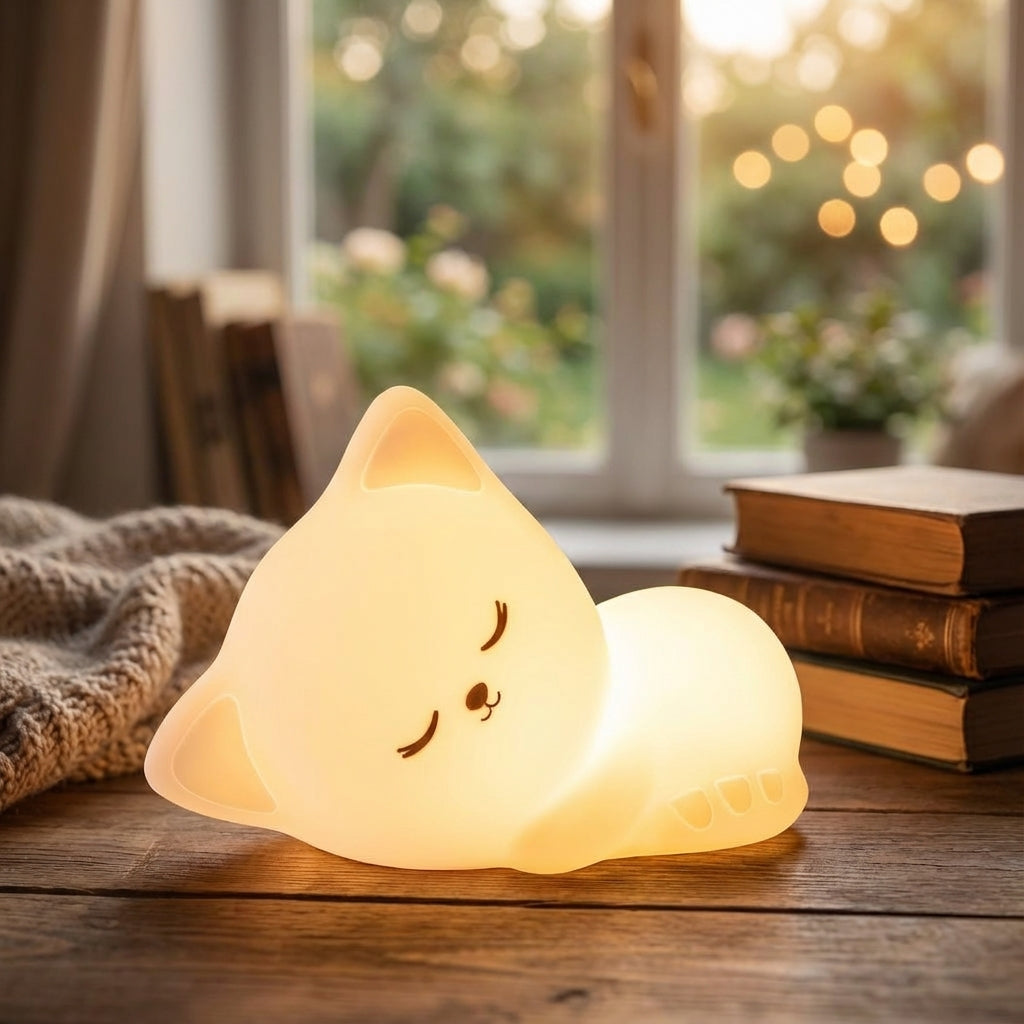 Bezprzewodowa ładowalna lampa stołowa w kształcie kota z miękkiego silikonu