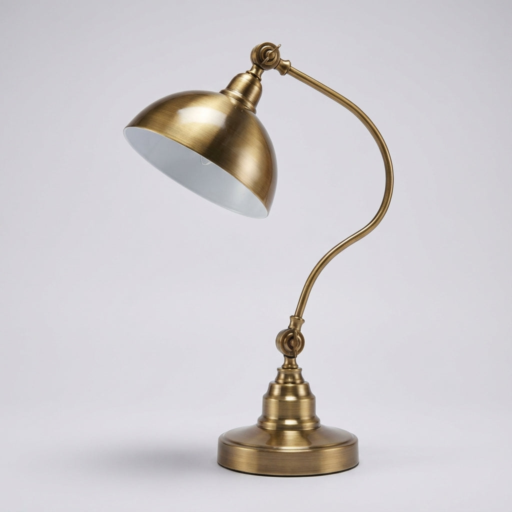 Vintage’owa metalowa lampa stołowa z zakrzywionym ramieniem i abażurem kopułowym