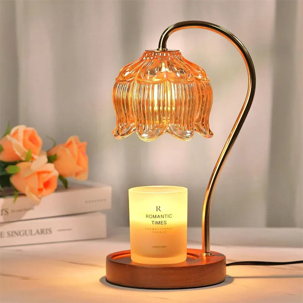 Retro lampa stołowa z kwiatowym szklanym kloszem i drewnianą podstawą, podgrzewacz do świec