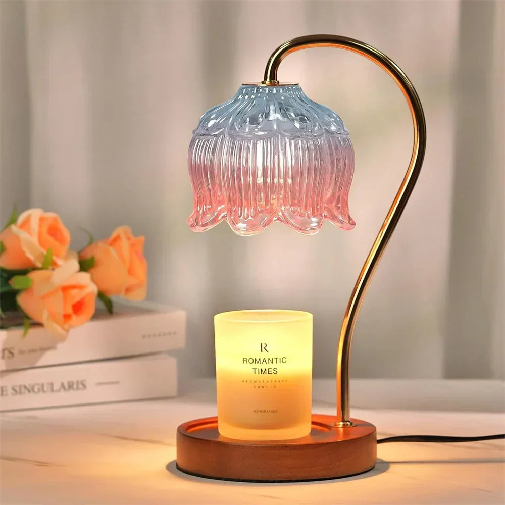 Retro lampa stołowa z kwiatowym szklanym kloszem i drewnianą podstawą, podgrzewacz do świec