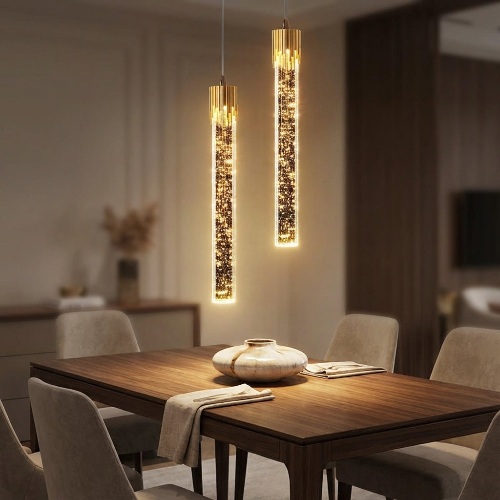 Smukła lampa wisząca z cylindrycznym szklanym kloszem, regulowanym przewodem