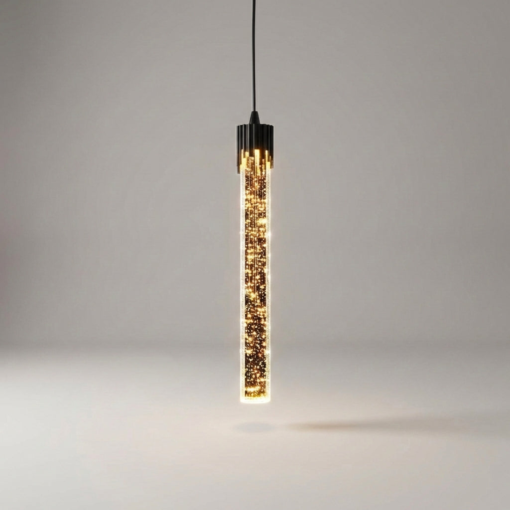 Smukła lampa wisząca z cylindrycznym szklanym kloszem, regulowanym przewodem