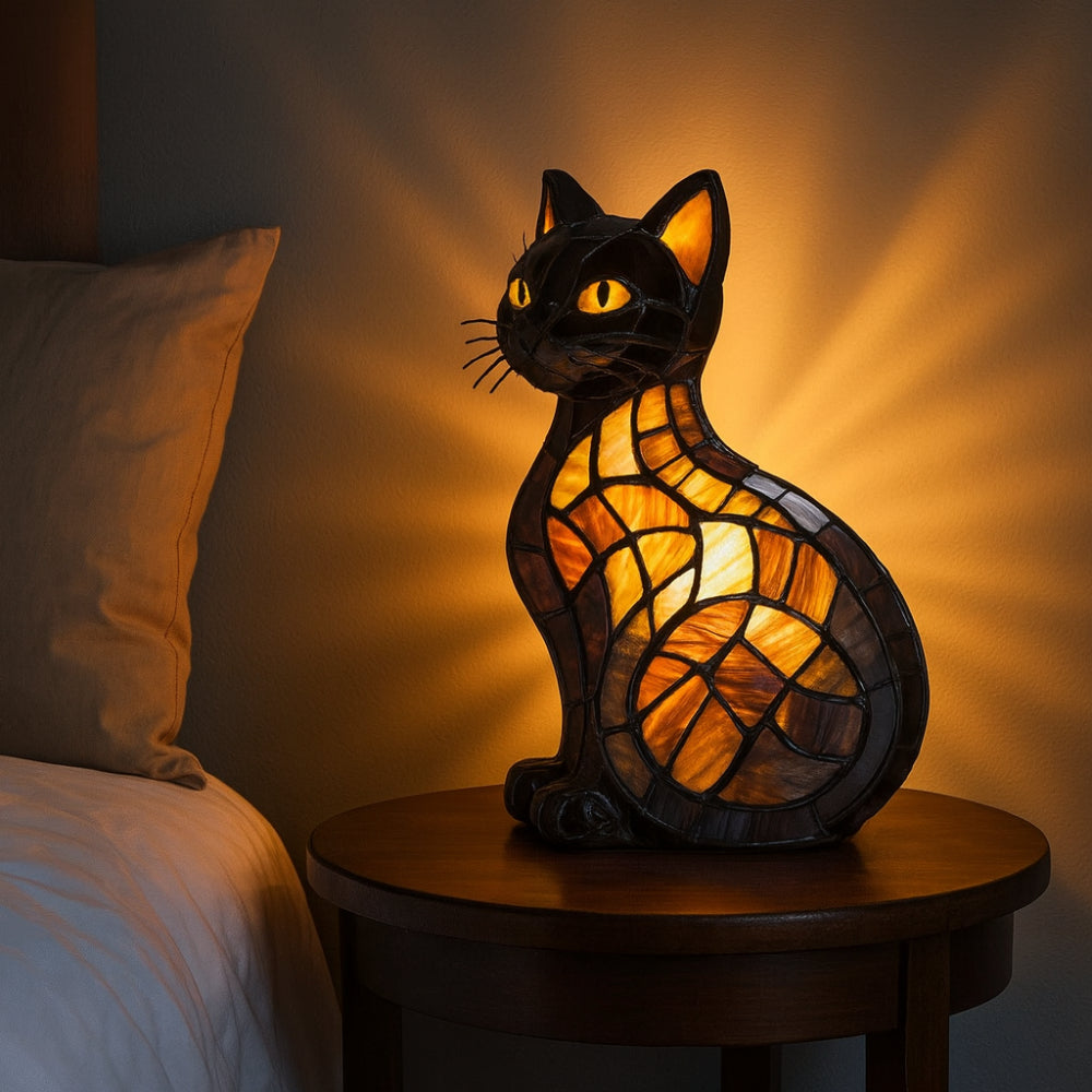 Lampa stołowa i nocna z figurką kota w stylu witrażu