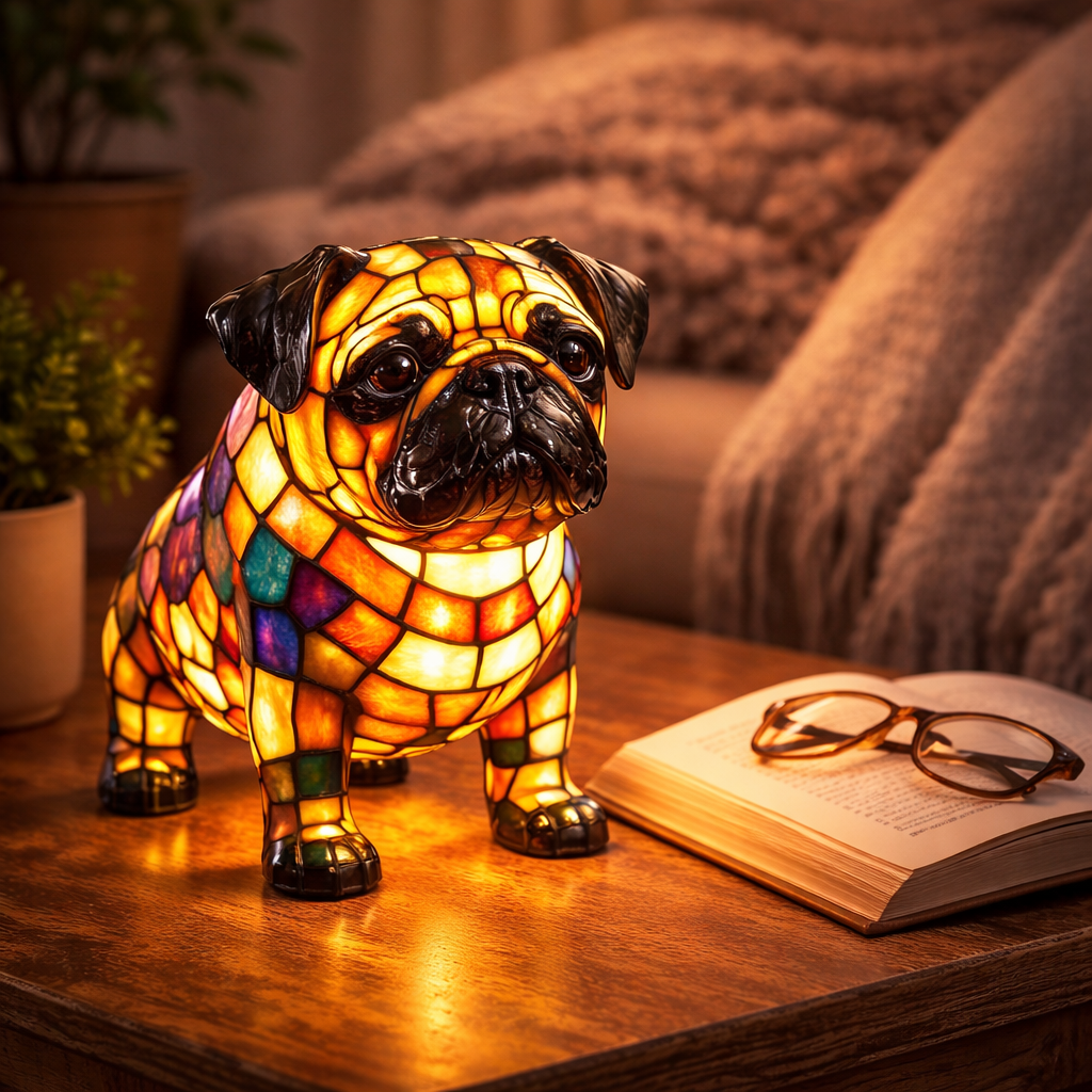 Lampa stołowa i nocna z figurką psa z żywicy w stylu witrażu