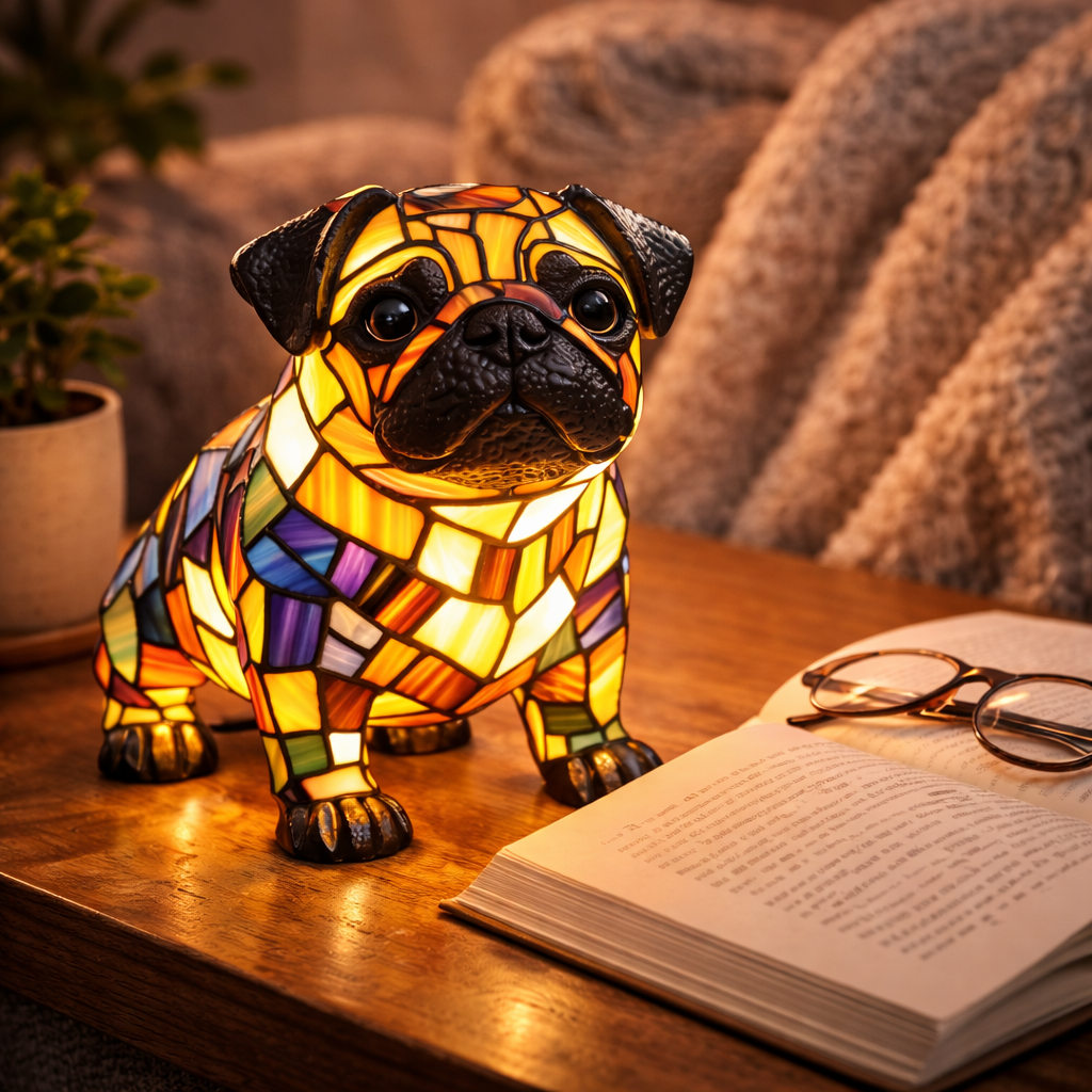 Lampa stołowa i nocna z figurką psa z żywicy w stylu witrażu