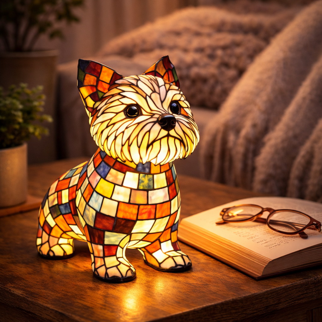 Lampa stołowa i nocna z figurką psa z żywicy w stylu witrażu
