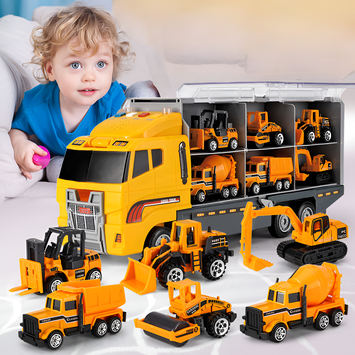 Realistyczny metalowy zestaw do zabawy z miniaturowym transporterem pojazdów budowlanych
