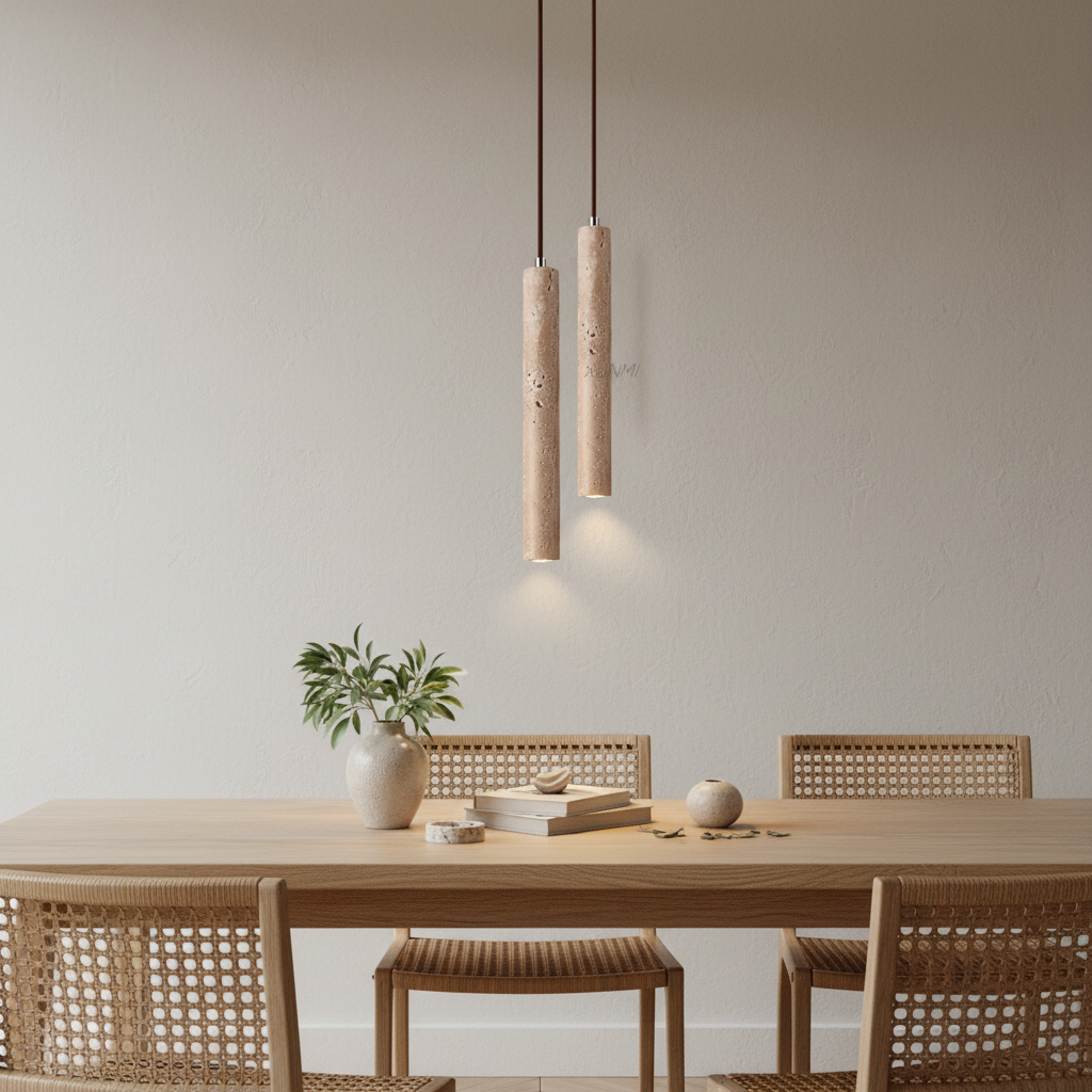 Smukła organiczna lampa wisząca w stylu wabi-sabi z fakturą trawertynu