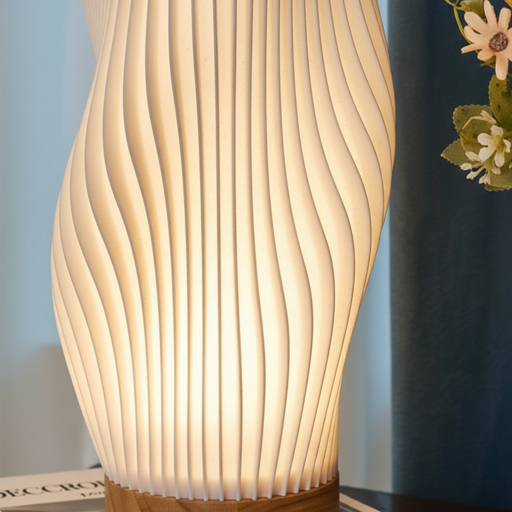 Rzeźbiarska falista lampa stołowa o karbowanej formie, z regulacją jasności i złączem USB