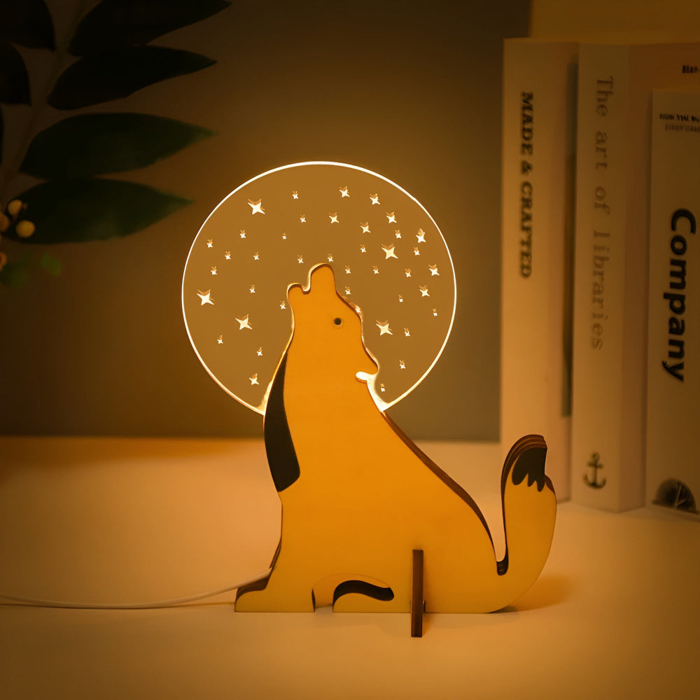 Lampa stołowa i nocna z drewnianą sylwetką zwierzęcia do pokoju dziecięcego