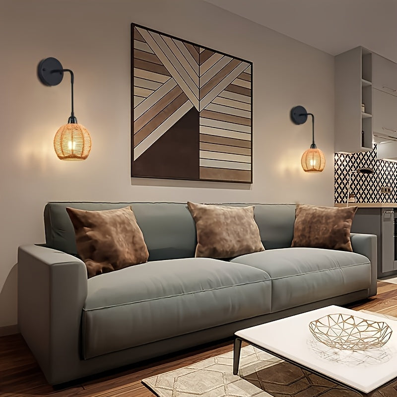Ręcznie pleciona regulowana lampa ścienna z rattanu w stylu boho i farmhouse