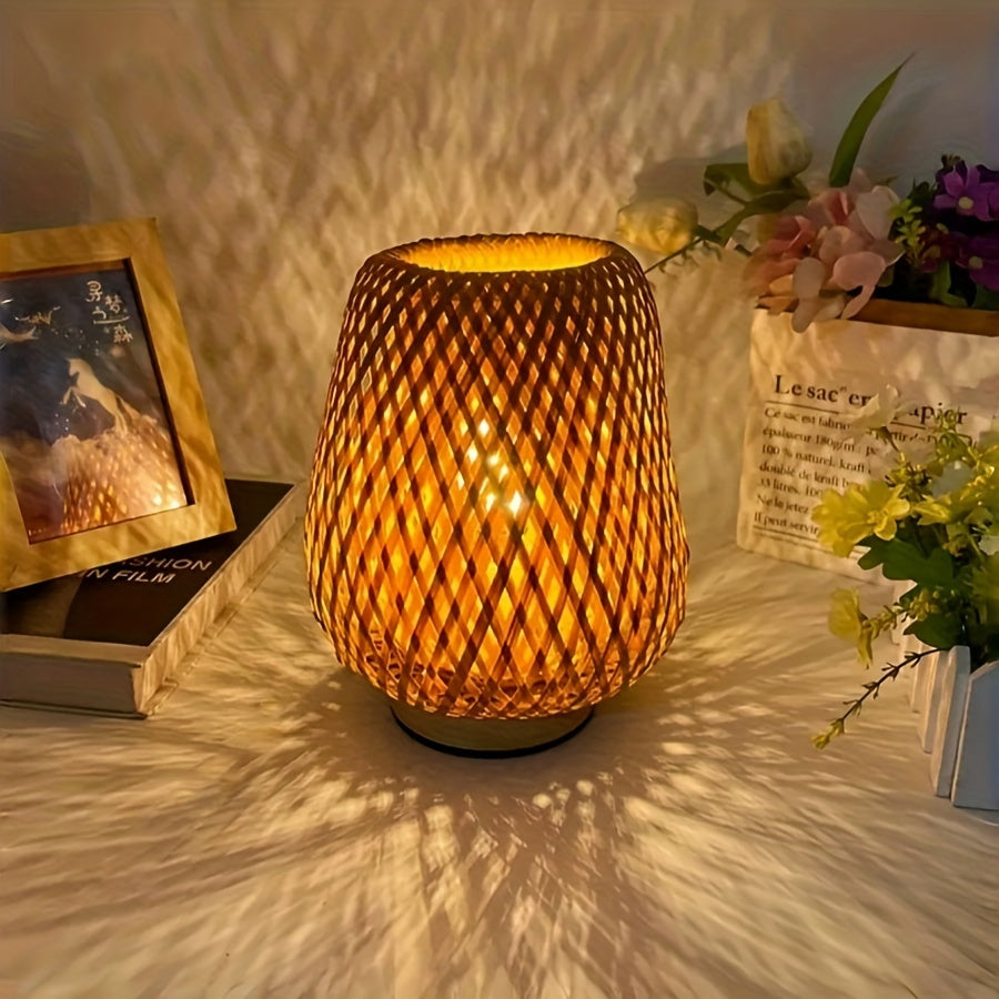 Ręcznie pleciona bambusowa lampa stołowa z funkcją ściemniania i podstawą z naturalnego drewna
