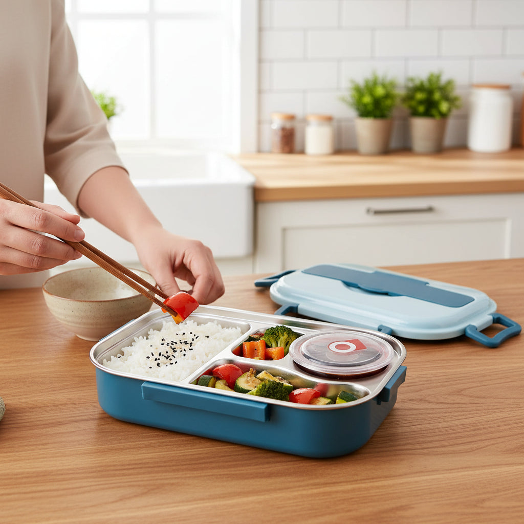 Izolowane pudełko bento na lunch z przegródkami do przechowywania żywności