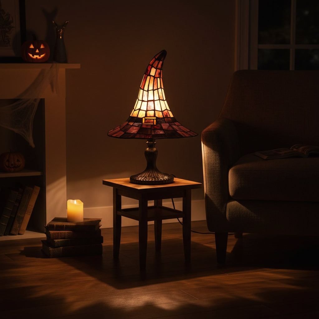 Zabawna lampa stołowa z sylwetką kapelusza czarownicy, dekoracja halloweenowa