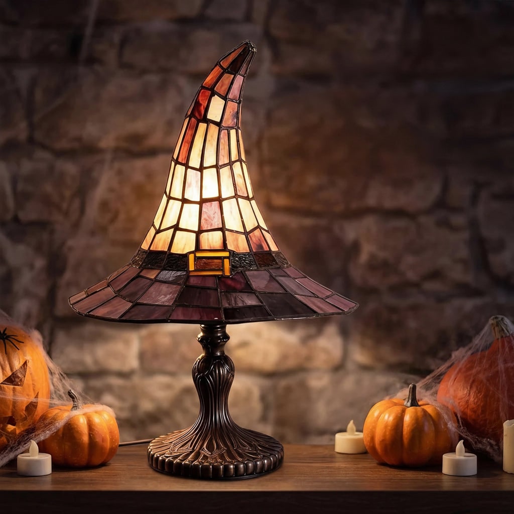 Zabawna lampa stołowa z sylwetką kapelusza czarownicy, dekoracja halloweenowa