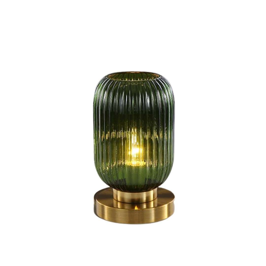 Skandynawska lampa stołowa z bursztynowego szkła ciętego i smukłego metalu