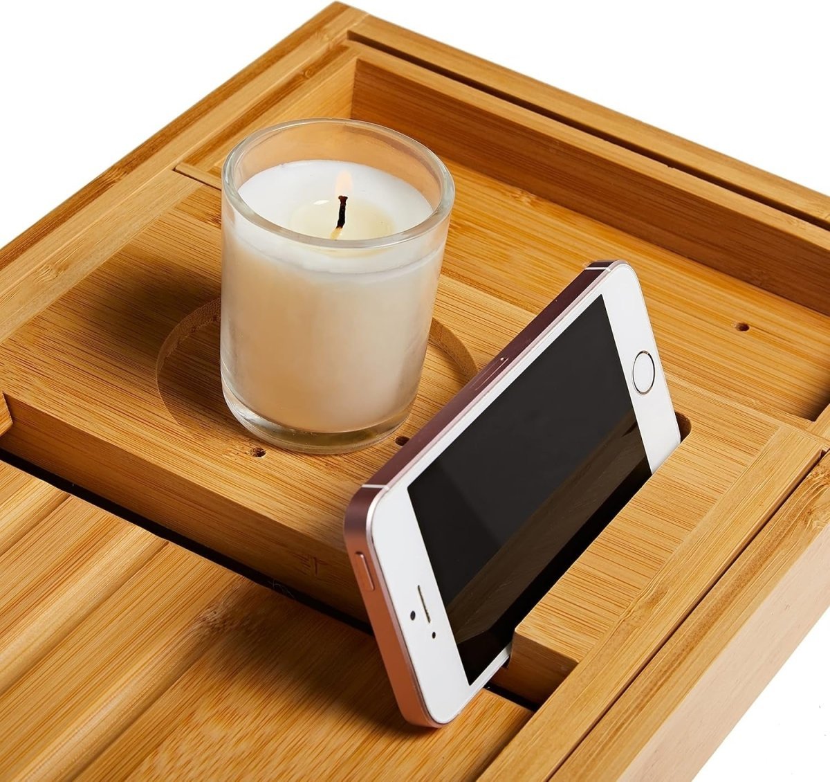 Naturalna bambusowa regulowana i rozsuwana półka na wannę z uchwytem na książkę i tablet