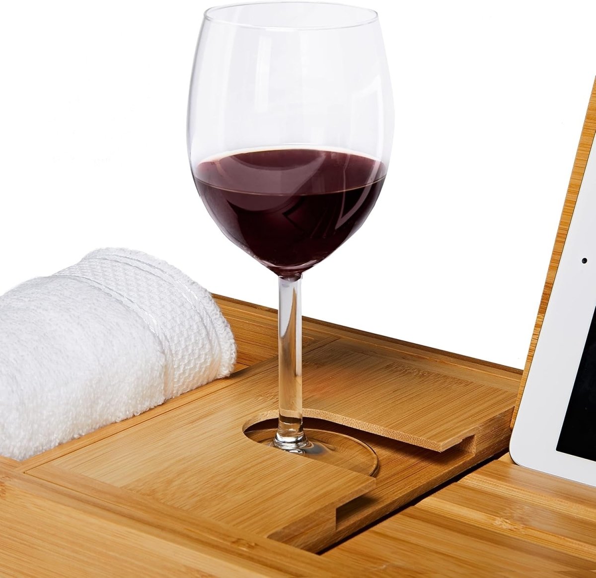 Naturalna bambusowa regulowana i rozsuwana półka na wannę z uchwytem na książkę i tablet
