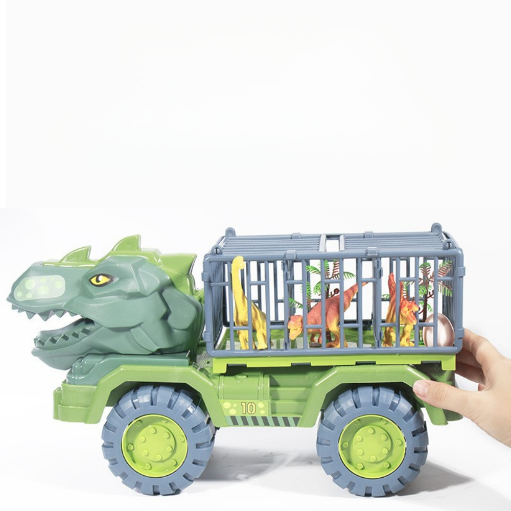 Zestaw zabawkowy z figurką dinozaura i ciężarówką do transportu w prehistorycznej klatce