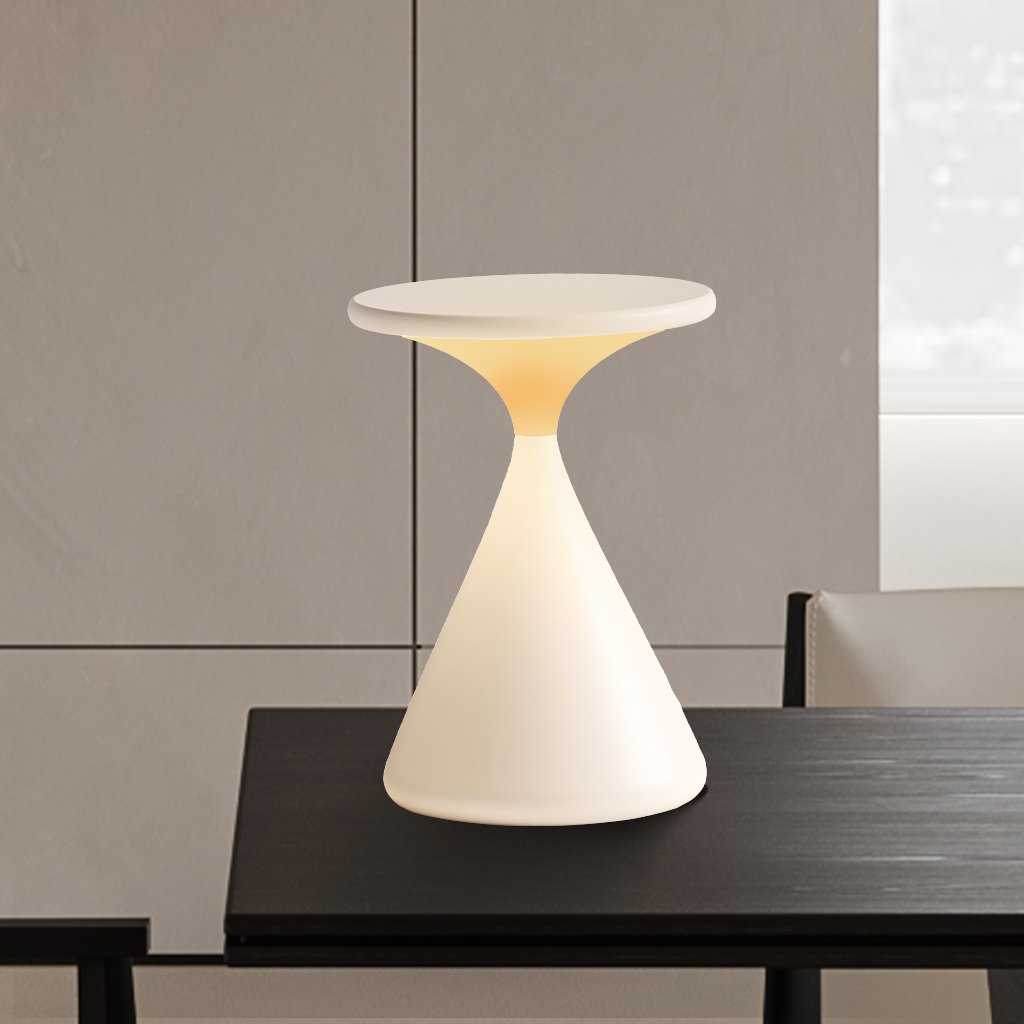 Rzeźbiarska minimalistyczna lampa stołowa w kształcie klepsydry, bezprzewodowa, ładowana i z regulacją jasności