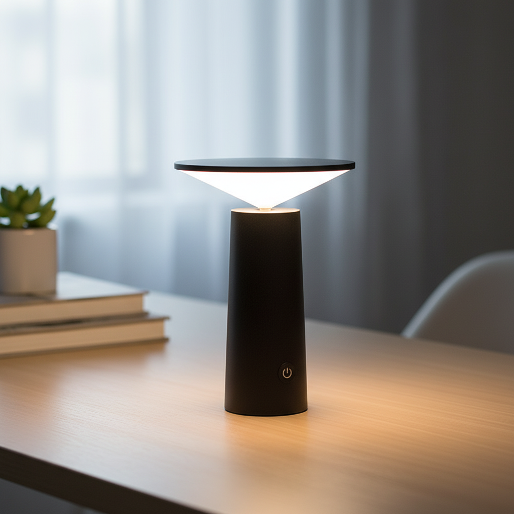 Smukła minimalistyczna bezprzewodowa lampa stołowa z obracaną i odchylaną głowicą oraz funkcją ściemniania
