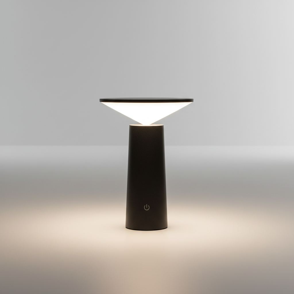 Smukła minimalistyczna bezprzewodowa lampa stołowa z obracaną i odchylaną głowicą oraz funkcją ściemniania