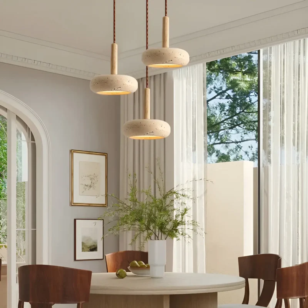 Regulowana lampa wisząca z drewna i kamienia, z kosmiczną aureolą, inspirowana stylem japońskim