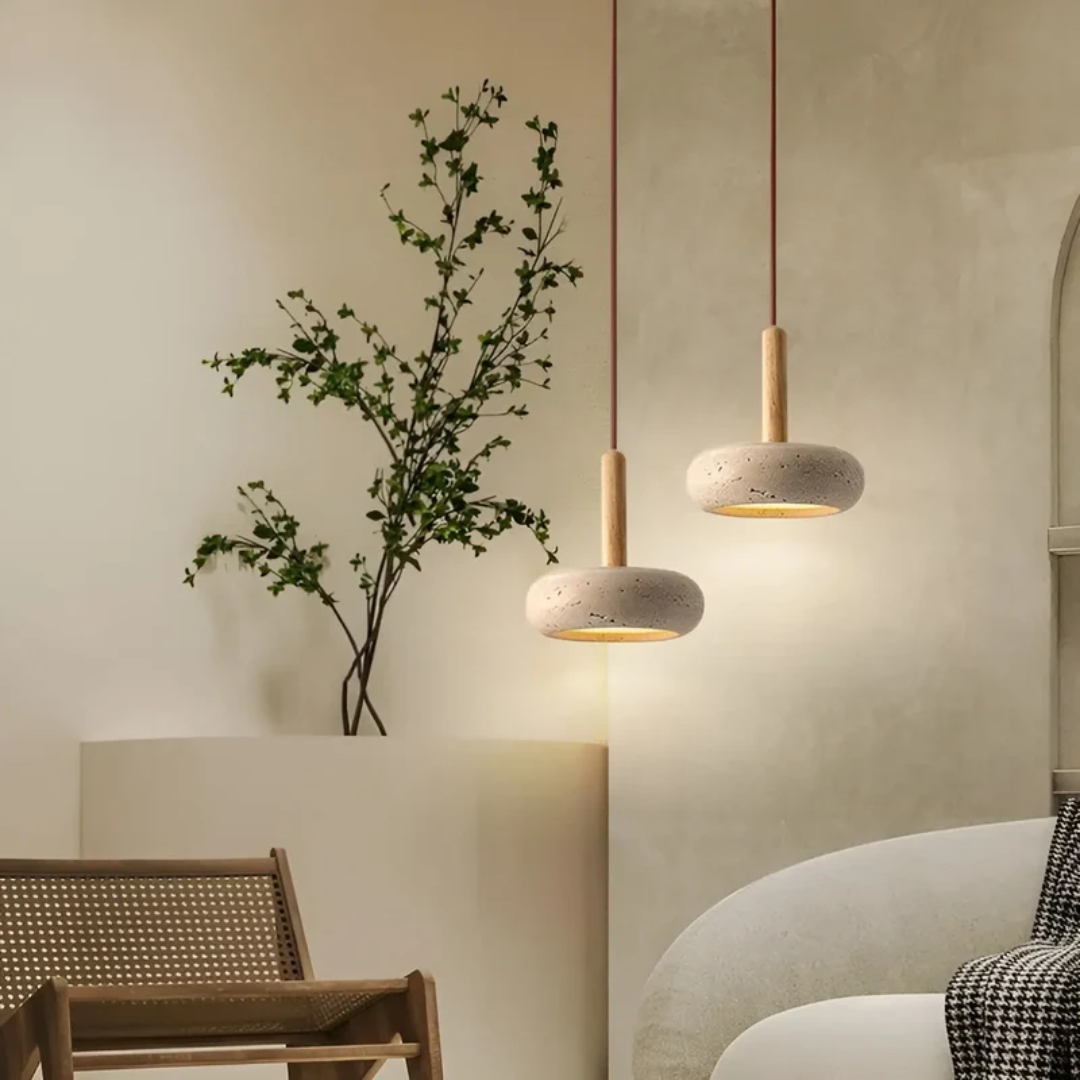Regulowana lampa wisząca z drewna i kamienia, z kosmiczną aureolą, inspirowana stylem japońskim