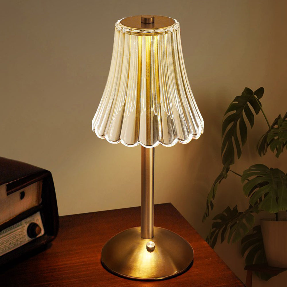 Retro ładowalna lampa stołowa z kryształowym kloszem, szczotkowanym aluminium i sterowaniem dotykowym