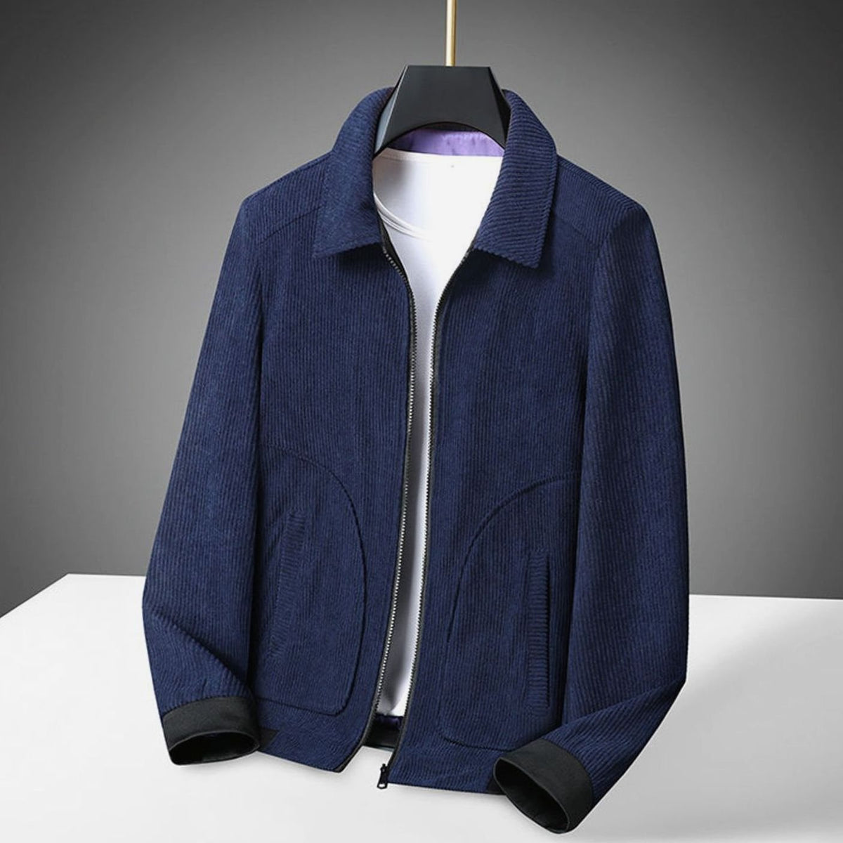 Męska casualowa sztruksowa kurtka zapinana na zamek, z kołnierzem