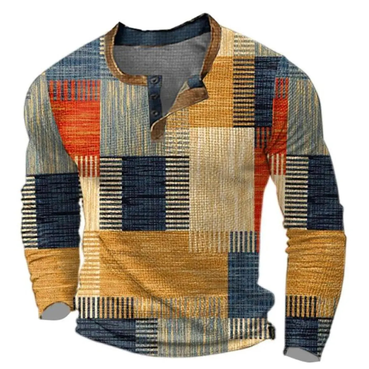 Męski retro sweter z dzianiny z długim rękawem, kontrastowymi panelami i dekoltem henley