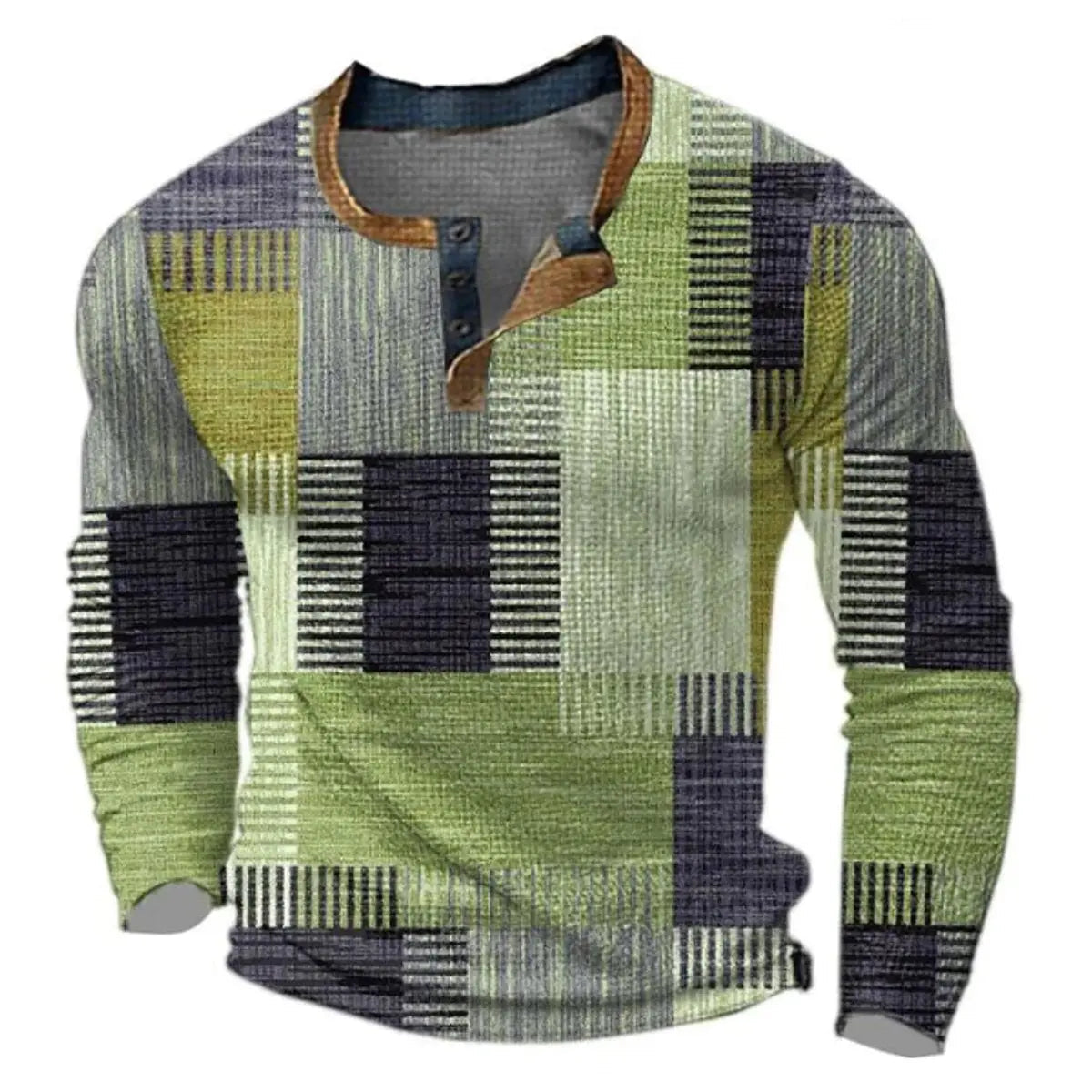 Męski retro sweter z dzianiny z długim rękawem, kontrastowymi panelami i dekoltem henley