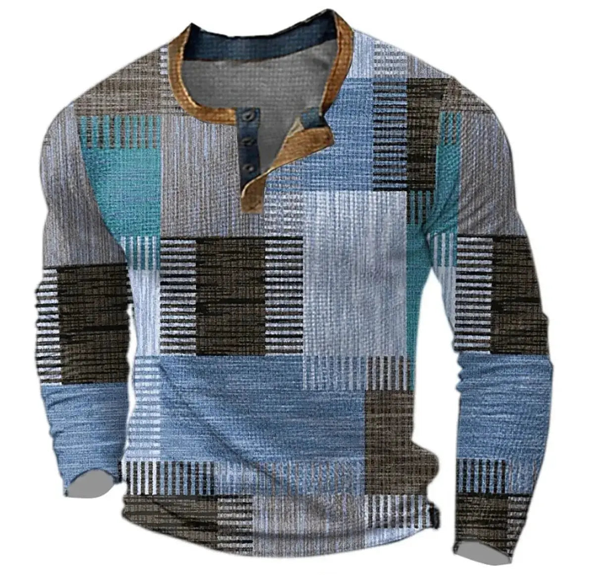 Męski retro sweter z dzianiny z długim rękawem, kontrastowymi panelami i dekoltem henley