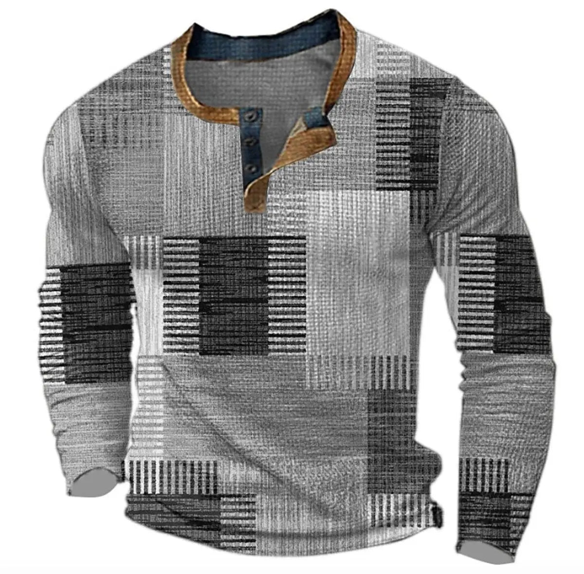 Męski retro sweter z dzianiny z długim rękawem, kontrastowymi panelami i dekoltem henley