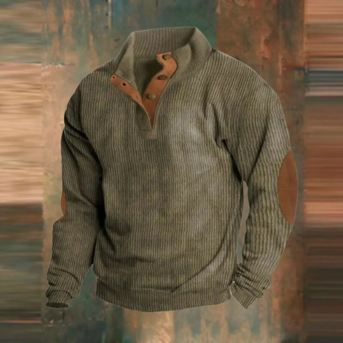 Męski sweter z dzianiny prążkowanej, retro, z zapięciem na ćwierć długości, naszywkami na łokciach
