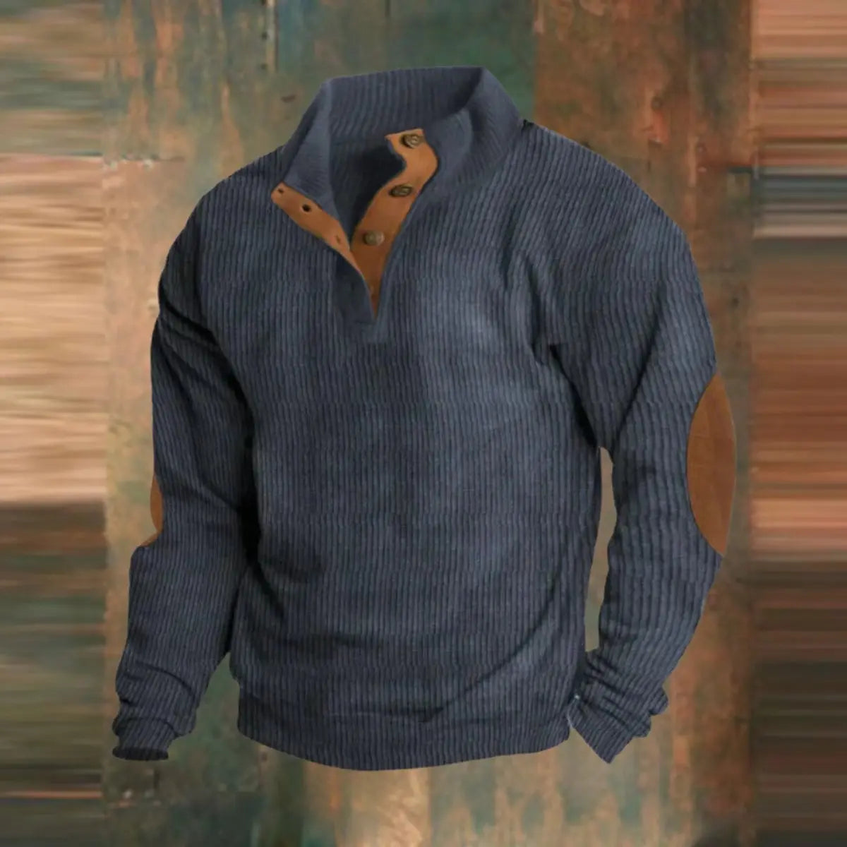 Męski sweter z dzianiny prążkowanej, retro, z zapięciem na ćwierć długości, naszywkami na łokciach