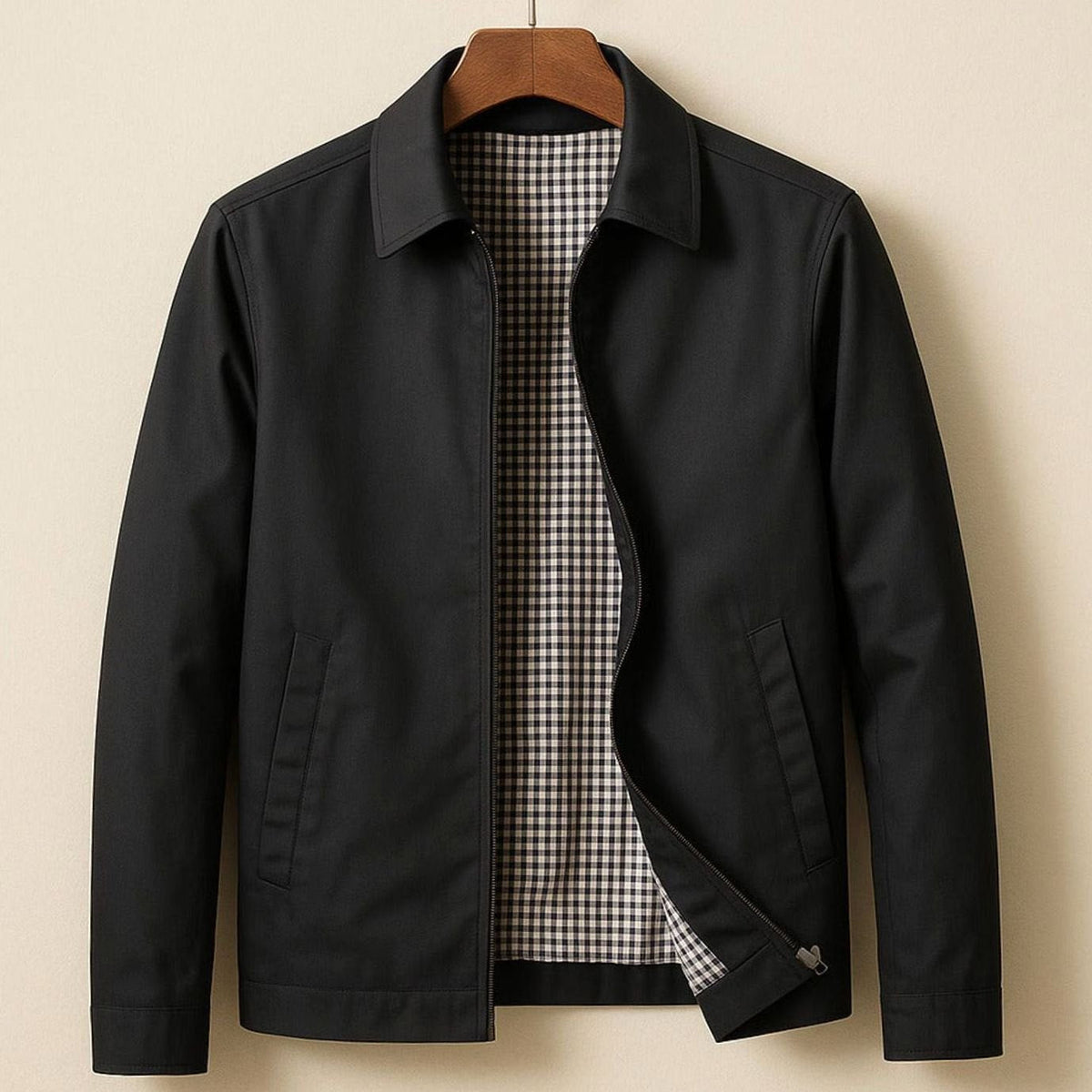 Męska kurtka Harrington smart casual, z podszewką w kratę, zapinana z przodu na zamek